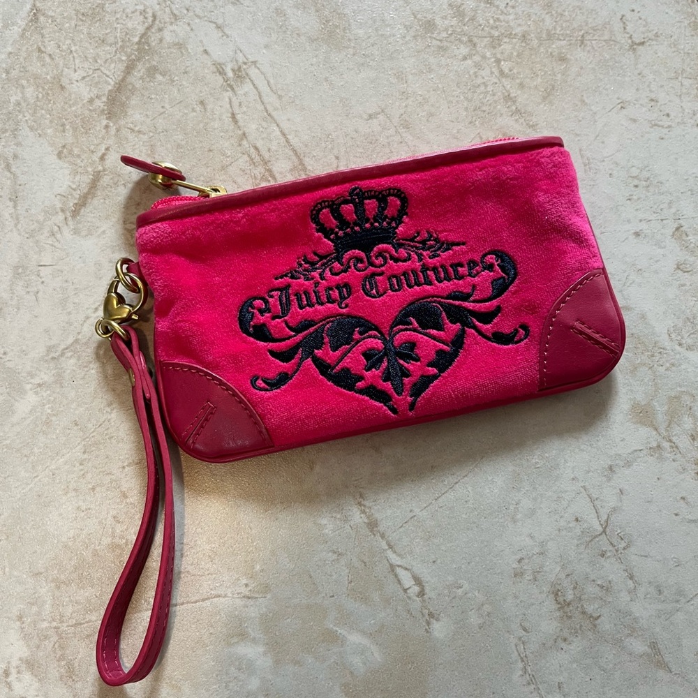 Juicy Couture Wristlet with Navy Embroidery and gold hardware